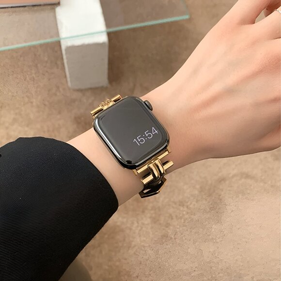NEW Stylish Premium Leather Gold Strap Watch Band For Apple Watch - Black - Picture 4 of 7